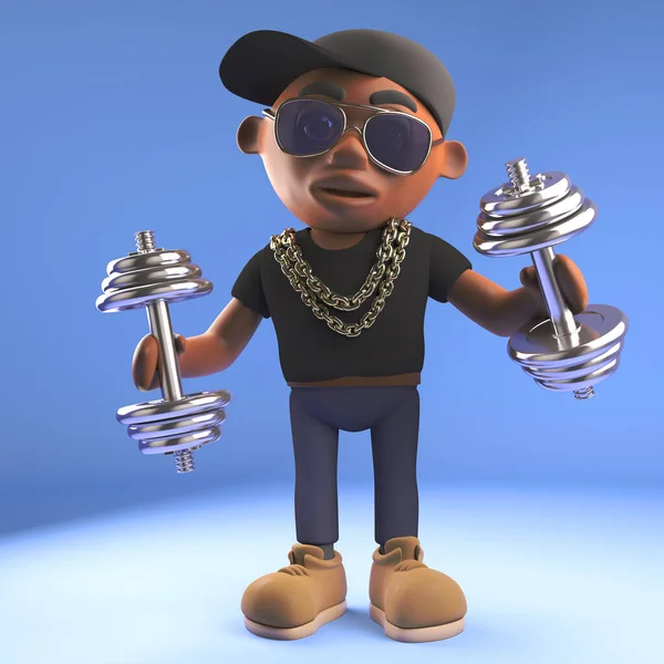 Gesunder schwarzer HipHop-Rapper mit Baseballmütze, der Gewichte benutzt, um fit zu bleiben, 3d Illustration — Stockfoto