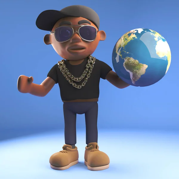 Nawigacyjnie myślący czarny hiphop raper trzymający kulę ziemską, ilustracja 3D — Zdjęcie stockowe