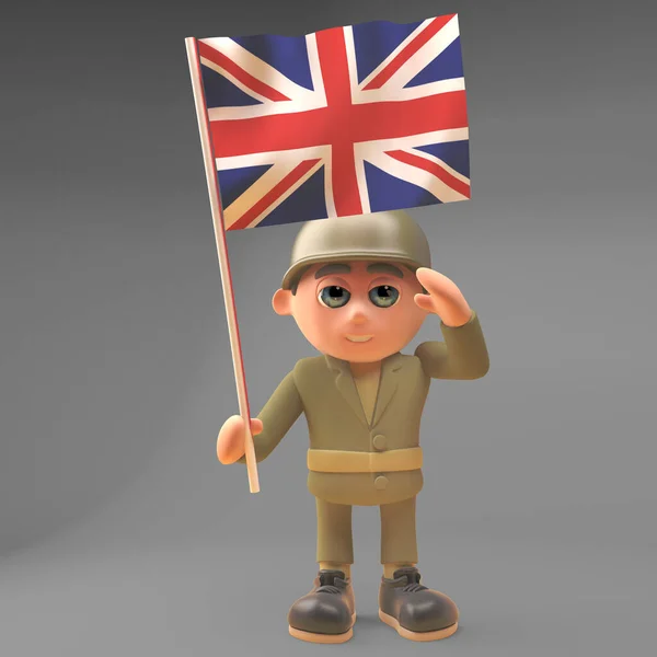 Orgulloso soldado del ejército saluda mientras lleva la bandera británica, ilustración 3d — Foto de Stock