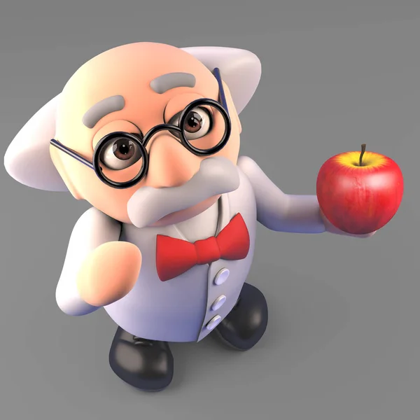 Health minded mad scientist professor eats an apple a day, 3d illustration