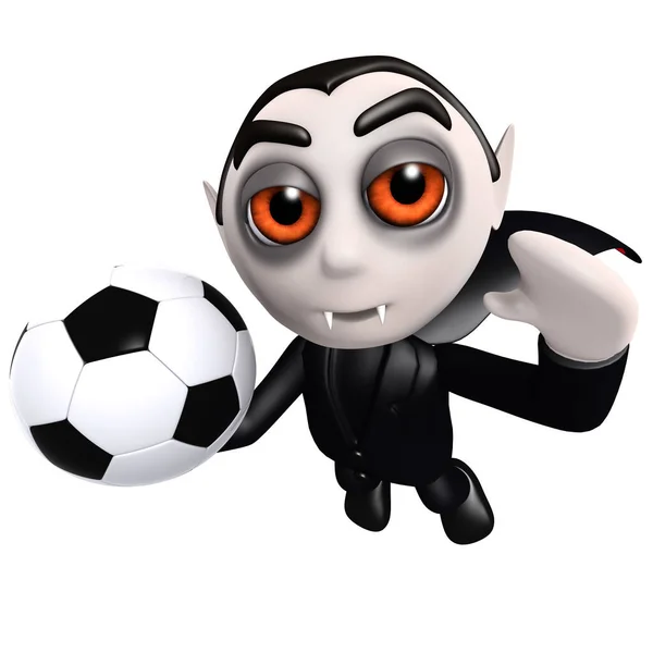 3d engraçado desenho animado vampiro dracula personagem segurando uma bola de futebol — Fotografia de Stock
