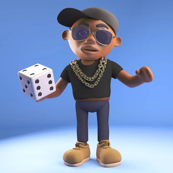 Cool czarny hiphop raper w czapce bejsbolowej gotowy do rzucenia kości, 3D ilustracja — Zdjęcie stockowe