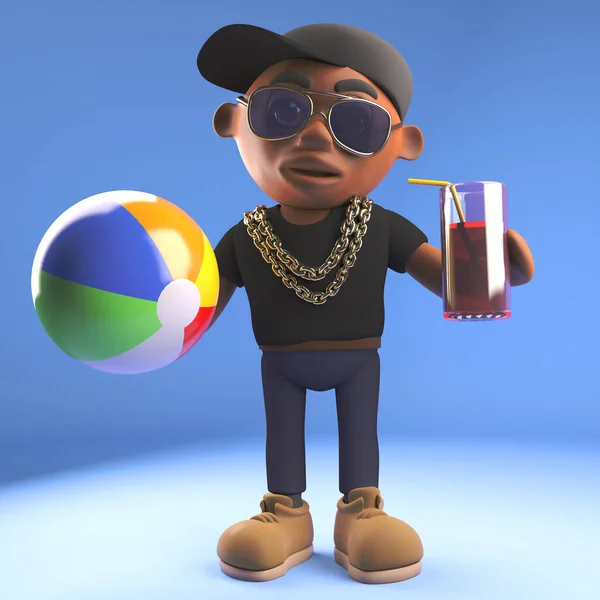 Холодный черный хип-хоп рэп-исполнитель, пьющий холодный напиток и держащий в руках пляжный мяч, 3d иллюстрация — стоковое фото