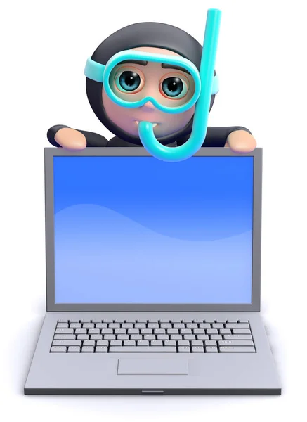 3d snorkel mergulhador atrás laptop pc — Fotografia de Stock