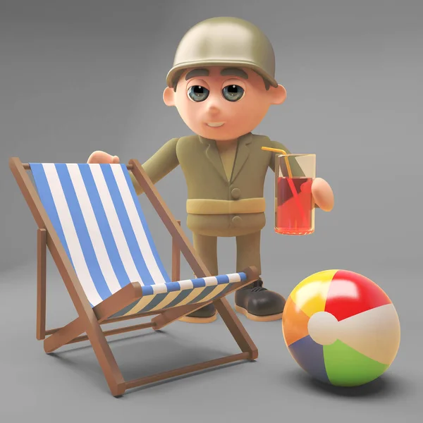 Karikatura armádní voják na dovolené s lehátkem, plážový míč a pití, 3D ilustrace — Stock fotografie