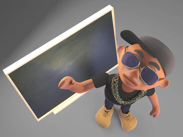 Cartoon-schwarzer HipHop-Rapper unterrichtet an der Tafel, 3D-Illustration — Stockfoto