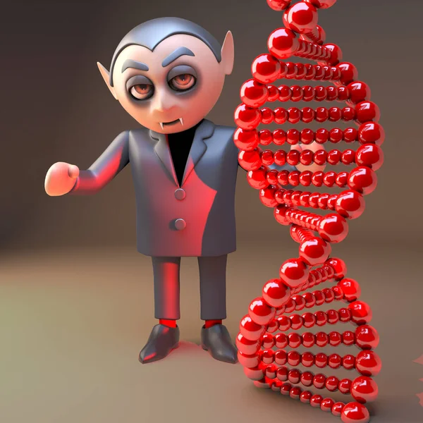 Cartoon 3d dracula vampire character standing behind DNA double helix gene strand, 3d illustration