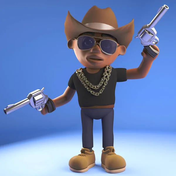 Cowboy hiphop rappare bär en stetson och avfyra en pistol i luften, 3D-illustration — Stockfoto