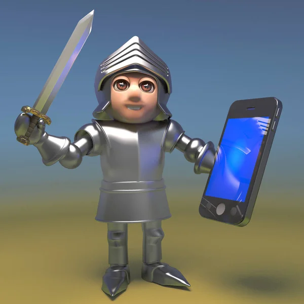 Cavaliere corazzato medievale del fumetto 3d che tiene un dispositivo tablet spada e smartphone, illustrazione 3d — Foto Stock
