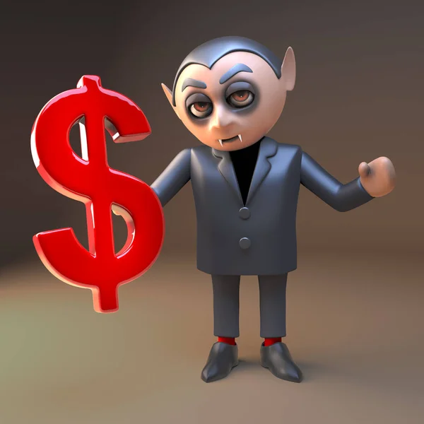 Γελοιογραφία 3d δράκουλα βαμπίρ χαρακτήρα που κατέχουν ένα δολάριο ΗΠΑ σύμβολο νόμισμα, 3d εικονογράφηση — Φωτογραφία Αρχείου