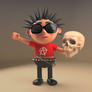 3D karikatür punk rock karakteri, dikenli saçlı, elinde insan kafatası, 3D çizim