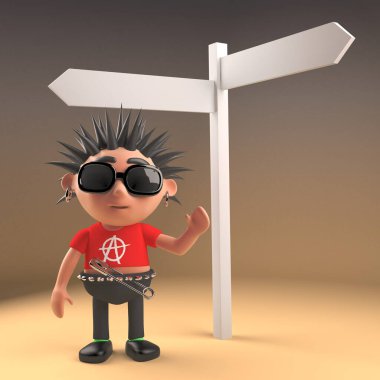 Cartoon 3d punk rock character with spiky hair standing at a crossroads road sign, 3d illustration render clipart