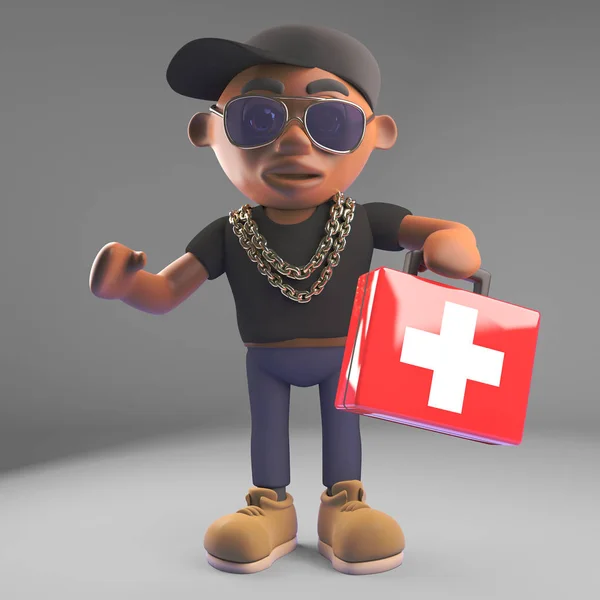 Cartoon Black Hiphop Rapper Baseball Cap Holding First Aid Emergency — Stok Foto