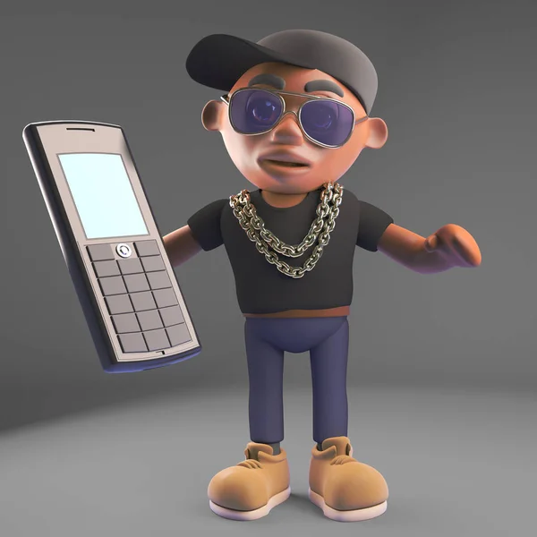 Cartoon Black Hip Hop Rapper Emcee Boné Beisebol Segurando Dispositivo — Fotografia de Stock