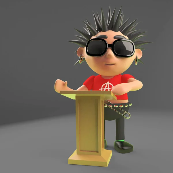 Cartoon Punk Rocker Character Speaking Lectern Podium Illustration Render — 스톡 사진