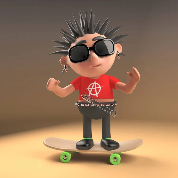 Dibujos Animados Punk Rocker Con Pelo Puntiagudo Monopatín Ilustración Render — Foto de Stock