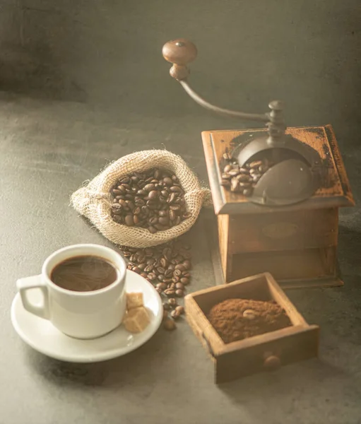 Cup Hot Coffee Beans Grinder — Stock Photo, Image