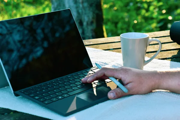 Evde çalışıyor, arka bahçede dizüstü bilgisayarla çalışıyor.