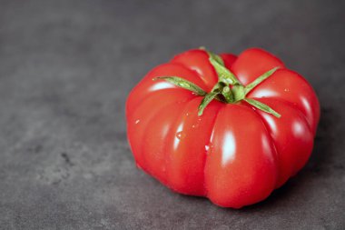 Gri arka plan temalı büyük kırmızı domates. Boşluğu sol tarafa kopyala