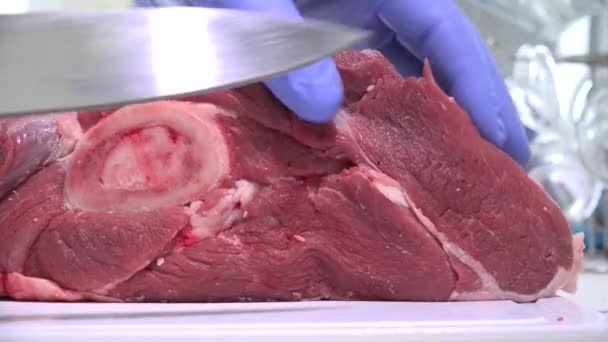 Man in the Kitchen Adagolás Friss sertéshús darabokban késsel — Stock videók