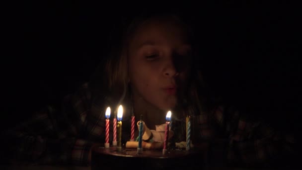 Kid Birthday Party Blowing Candles in Night, Child Celebration, Girl Anniversary — Stock Video