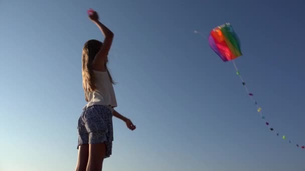 Діти грають літаючих змій, Кід на пляжі на Сансет, Щаслива маленька дівчинка, узбережжя — стокове відео