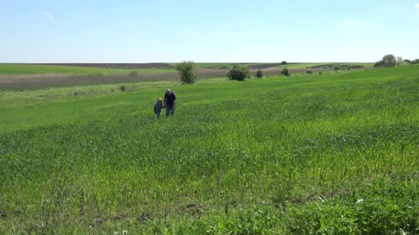 4K отец, ребенок, гуляющий на свежем воздухе в сельском хозяйстве, семья, наслаждающаяся природой — стоковое видео