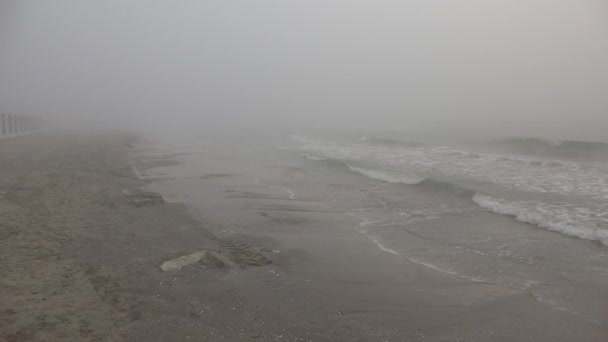 4k Sea Waves on Misty, Mglisty dzień, Plaża Jesień Widok, Turystyka, Mgła na brzegu morza — Wideo stockowe