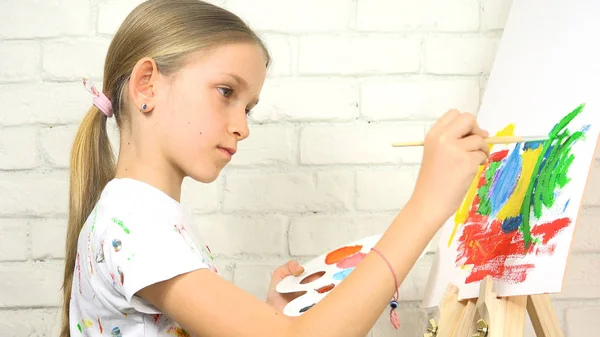 Kid Painting Easel School Child Workshop Class Tiener Meisje Aan — Stockfoto