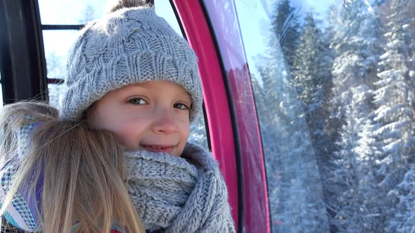 Kid Ski Lift Child Playing Winter Skiing Girl Cable Car — стокове фото