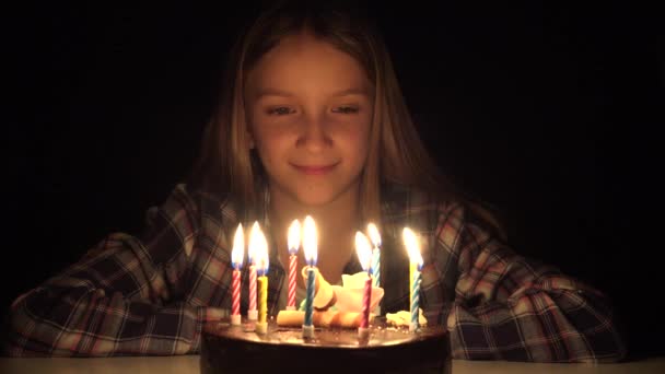 Kid Birthday Party Blowing Candles in Night, Child Celebration, Teenager Girl Anniversary in Dark — Stock video