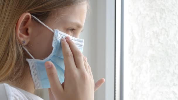 Isolated Sick Child in Coronavirus Pandemic Outbreak, Sad Kid Unhappy Bored Girl in Covid-19 Crisis — Stock Video