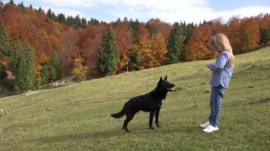 Çocuk parkta köpekle oynuyor, Çocuk Meadow 'da köpeğini besliyor, Kız evcil hayvanıyla oynuyor