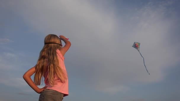 Kid Playing Kite Park Child Have Fun Outdoor Nature Girl — 비디오