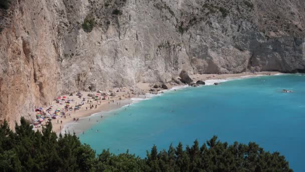 Persone Sulla Spiaggia Aerea Estate Mediterraneo Vista Mare Isola Lefkada — Video Stock
