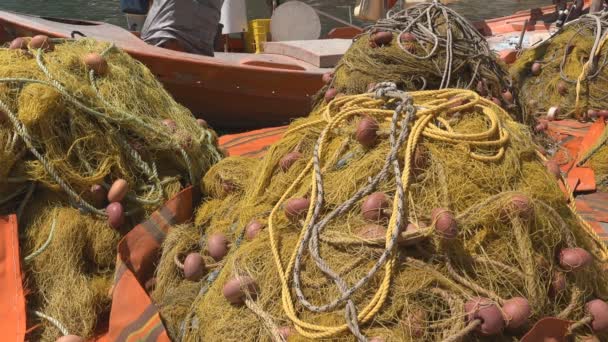 Fishing Net Boat Port Traditioneel Net Voor Het Vangen Van — Stockvideo