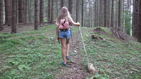 Niño caminando en el bosque, Niño en las montañas, Niña jugando en la aventura de acampar —  Fotos de Stock