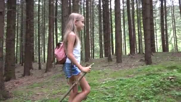 Niño caminando en el bosque, Niño en las montañas, Niña jugando en la aventura de acampar — Vídeo de stock