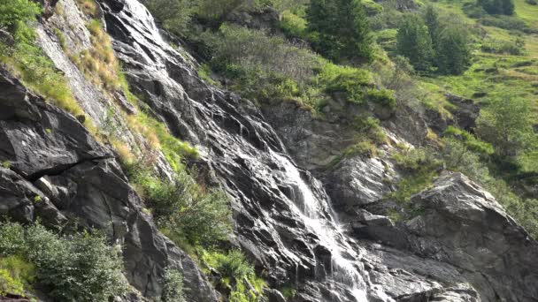 Водопад 4K в горах, летний солнечный день в лесу, вид на Вуд — стоковое видео
