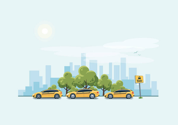 Parking Taxi Cars and City Background