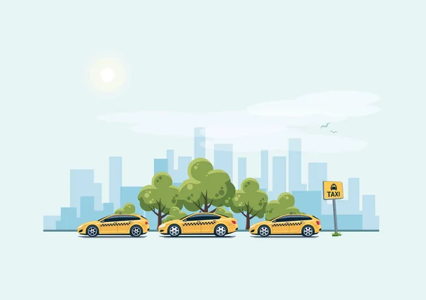 Parking Taxi Cars and City Background — Stock Illustration Parking Taxi Cars and City Background Vector Graphics