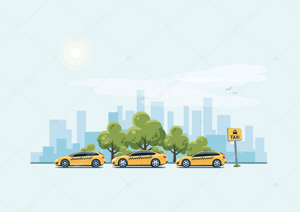 Parking Taxi Cars and City Background