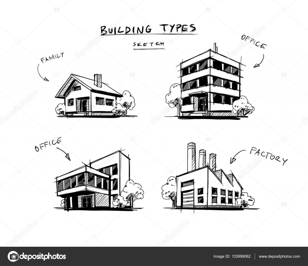 4 建物の種類手描き漫画イラストのセット ストックベクター ©petovarga 133999062, image size:1024x883