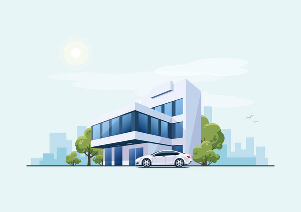 Office Building with Car and City Background