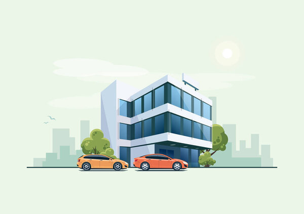 Office Building with Parking Cars and City Background