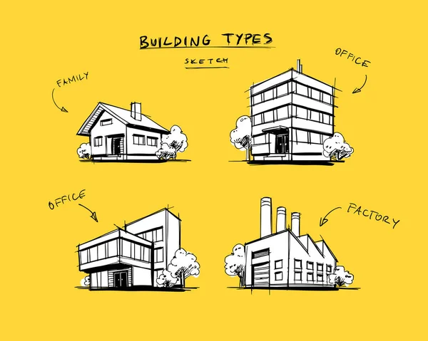 Set van vier gebouwen typen Hand getrokken Cartoon afbeelding — Stockvector