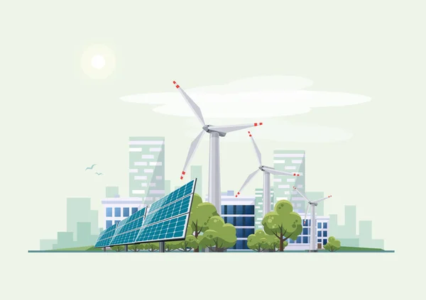 Green Eco City Urban con paneles solares y turbinas eólicas — Vector de stock