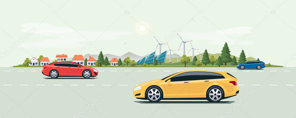 Urban Landscape Street Road with Cars and City Nature Background