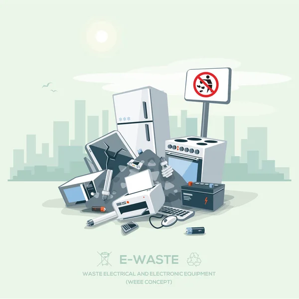 Szemetet E-hulladék verem szemetelés az utcai úton — Stock Vector