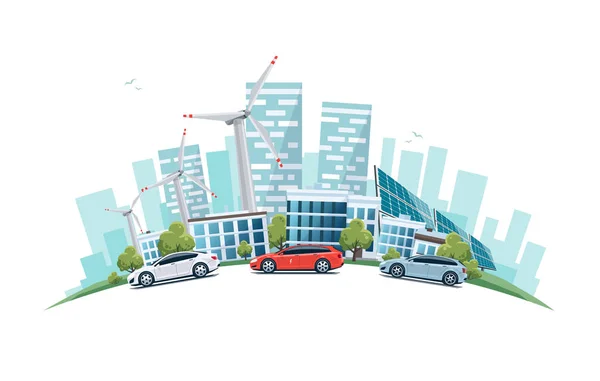 Hållbar stad med bilar gatan Road och Skyline på Globen — Stock vektor